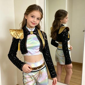 Op de afbeelding: Een tweedelige outfit bestaande uit een cropped, iriserende zilveren top en bijpassende high-waisted shorts. Het geheel wordt gecombineerd met een zwart bolerojasje met lovertjes, gouden schoudervullingen, gouden kwastjes en kettingen.