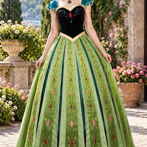 Pode incluir: Um vestido longo até ao chão com um corpete de veludo preto, decote em coração e mangas curtas em tom verde-azulado. A saia é de um verde claro vibrante com painéis verticais decorados com padrões florais bordados em tons de vermelho, rosa e verde escuro.