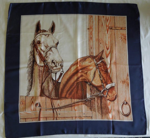 Vintage 1960s Equestrian Scarf~Two Horses Stable Print~Acetate Twill~Navy Border