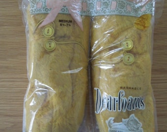 Dearfoams Pajama Plush Bootie Slippers  Mustard Yellow Feminine Slip-Ons USA 1960s