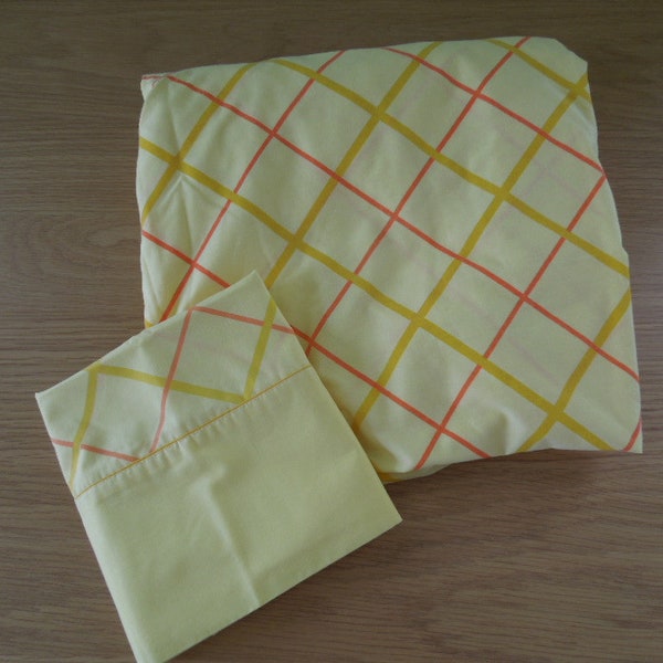 Vintage Fashion Manor Sheet Set Orange Yellow Windowpane  Design JC Penneys