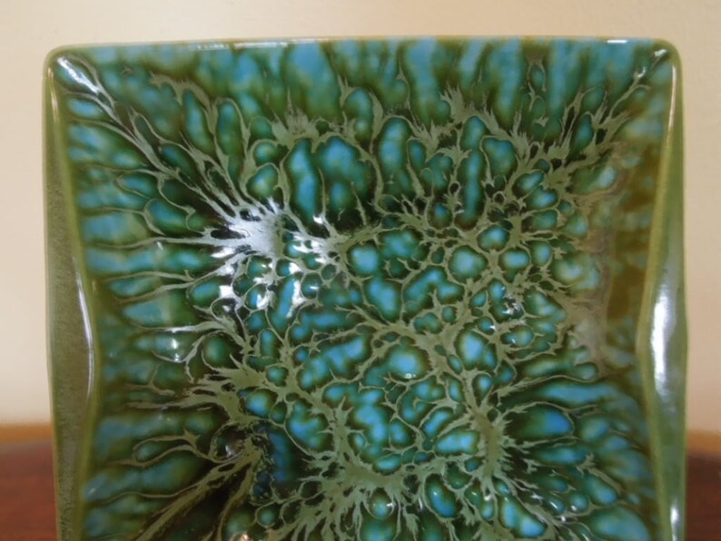 Rare Mid Century Freeman McFarlin Lava Drip Dish Signed Gorgeous Green and Turquoise 1960s