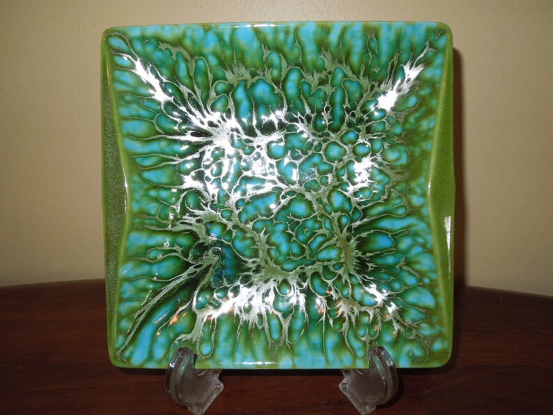 Rare Mid Century Freeman McFarlin Lava Drip Dish Signed Gorgeous Green and Turquoise 1960s