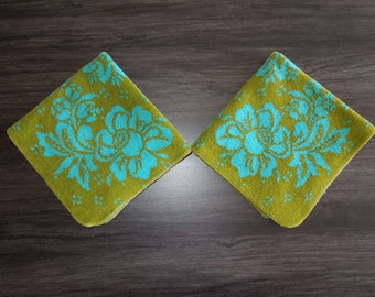 Vintage Fieldcrest Artistry Washcloths Avocado Turquoise Floral Reversible Set of 2