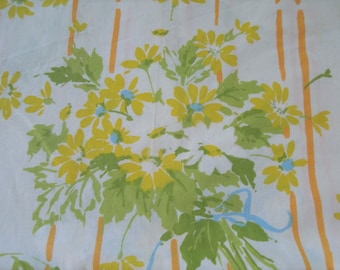 Vintage Utica Full Size Flat Sheet Yellow~White Daisies Orange Stripes