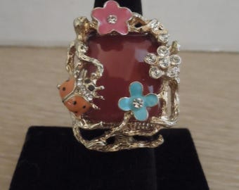 Vintage Cocktail Stretch Ring KJL Style Enamel Flowers Ladybug Red Cabochon