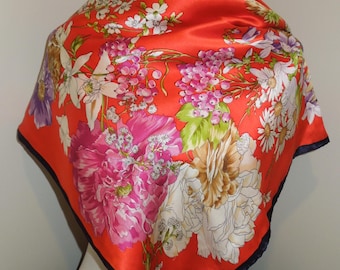 Baoloc Scarf  100% Natural Silk Bold Floral Design Han Rolled Edges