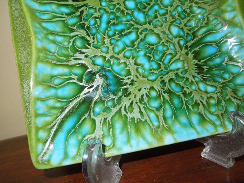 Rare Mid Century Freeman McFarlin Lava Drip Dish Signed Gorgeous Green and Turquoise 1960s