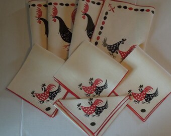 NOS Linen Mat & Napkin Set Rooster and Shield French Inspired