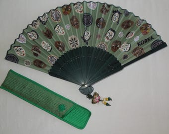 Vintage Korean Folding Fan with Case~Traditional Talchum Mask Design~1970s Souvenir~Korea