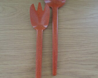 Mid Century Modern Flintwood Salad Serving Utensil Set Terra-Cotta Melmac