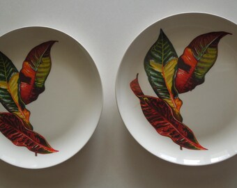 Santa Anita Ware "Croton Leaves" Dinner Plates~Flowers of Hawaii Set of Two