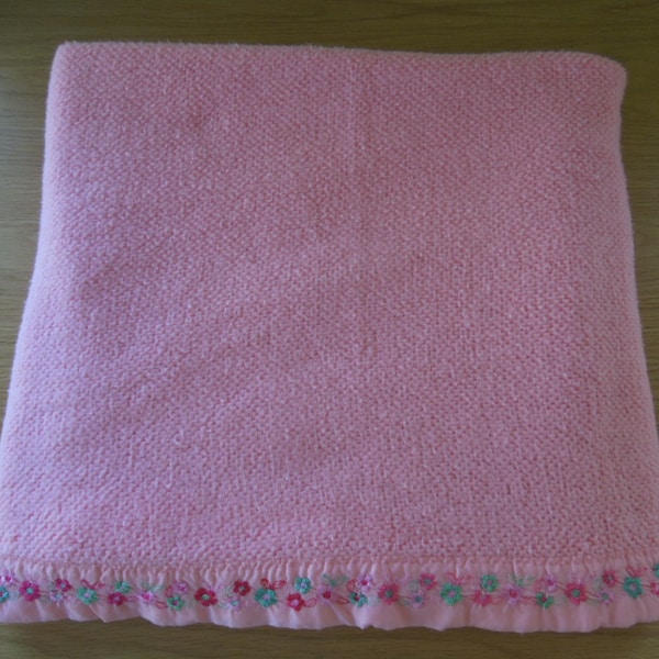 Pink  Waffle Weave Blanket Satin Embroidered Trim Twin or Full Mid Century Bedding Sears