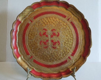 Italian Florentine Tray Vintage Red Gold Ruffled Edges Classic Serving Classic