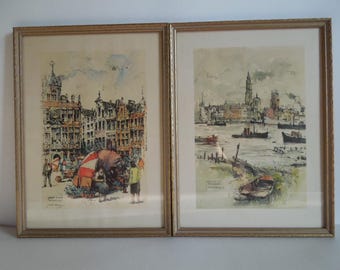 Vintage Jan Korthals Framed Art Grand Place Bruxelles~Gezicht op Antwerpen