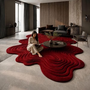 Hand Tufted Red Abstract Area Rug, Luxury Irregular Shaped Rug, 3D Carved Modern Wool Carpet, Contemporary Living Room Rug, Custom Size Rug