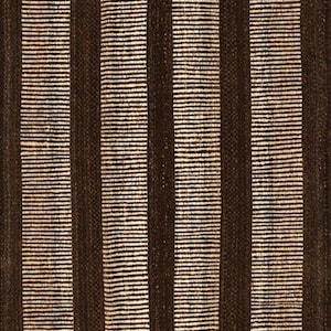 May include: A woven textile featuring a repeating pattern of wide, solid dark brown vertical stripes alternating with narrower, textured stripes composed of thin, horizontal cream and dark brown lines across the entire surface of the fabric.