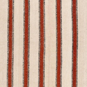 May include: A woven textile featuring a repeating pattern of vertical stripes. The design consists of wide, off-white bands alternating with narrower, vibrant rust-orange stripes that are bordered by thin, dark black vertical lines.