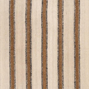 May include: A woven textile featuring a repeating vertical striped pattern. The design consists of wide bands in a natural off-white color, alternating with narrower stripes in a warm brown tone, accented by thin, crisp black vertical lines.