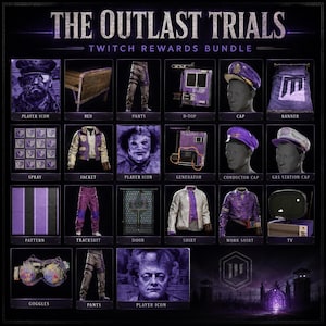Può includere: Un display digitale intitolato THE OUTLAST TRIALS TWITCH REWARDS BUNDLE che mostra una griglia di oggetti di gioco, tra cui icone giocatore, un letto, pantaloni, un D-TOP, berretti, uno stendardo, uno spray, una giacca, un generatore, un berretto da stazione di servizio, un motivo, una tuta, una porta, una camicia, una camicia da lavoro, una TV e occhiali protettivi.