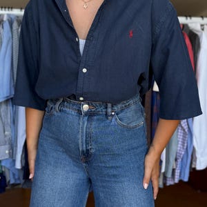 Camisa vintage Ralph Lauren azul de corte ajustado, talla L, de algodón con botones.
