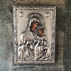 Vintage Silver Metal Icon of the Mother of God and Baby Jesus in Highly Decorated Relief Frame