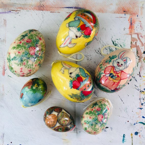 Set of Vintage Paper Mache Style Decoupaged Easter Eggs