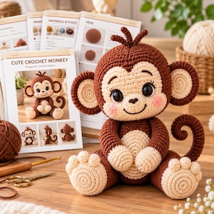 May include: A brown and beige crocheted monkey amigurumi toy with large dark eyes, pink cheeks, and a curled tail, displayed next to a printed instruction booklet titled CUTE CROCHET MONKEY with various diagrams and material lists.