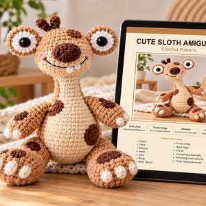 Puede incluir: Un juguete amigurumi de perezoso tejido a ganchillo con hilo color canela y marrón con manchas, ojos grandes con borde blanco y dos dientes pequeños, junto a una tableta que muestra el texto CUTE SLOTH AMIGURUMI Crochet Pattern y 18-21 cm.