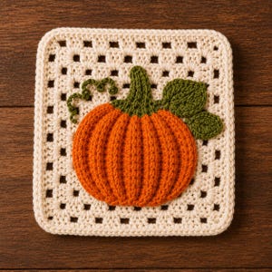 Op de afbeelding: Een vierkante gehaakte onderzetter met een gebroken witte granny square basis en een centraal geplaatste, driedimensionale oranje pompoenapplicatie. De pompoen heeft een donkergroene steel, twee donkergroene bladeren en een kleine groene rank.