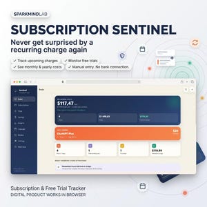 Subscription Sentinel — Prenumerations- och gratis provperiodsspårare | Offline HTML-app, inget konto, ingen prenumeration | Direkt digital nedladdning