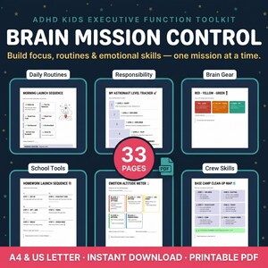 Peut inclure: Kit d'outils de fonction exécutive pour enfants TDAH intitulé Brain Mission Control. Ce PDF imprimable de 33 pages comprend des feuilles de travail pour les routines quotidiennes, le suivi des responsabilités, les outils scolaires et les compétences.