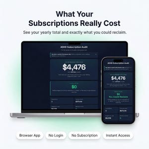 Puede incluir: Un ordenador portátil y un smartphone que muestran la interfaz ADHD Subscription Audit. La pantalla muestra el texto: What Your Subscriptions Really Cost, See your yearly total and exactly what you could reclaim. Los datos muestran $4,476.