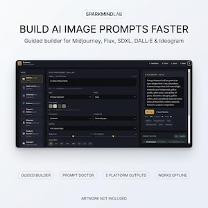 May include: A digital interface for an AI image prompt builder titled Sparkmindlab. The dark-themed dashboard features a sidebar with categories, a central input area for prompt details, and a live preview window displaying generated text.