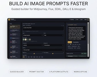 AI Prompt Builder for Midjourney, Flux, SDXL & DALL-E | Web and html Browser App, 8 Modes, No Login, No Subscription | Instant Download