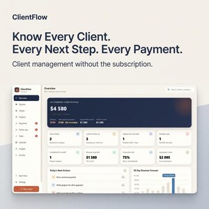 May include: A digital dashboard interface for ClientFlow software displaying an overview of outstanding client revenue, active clients, project status, and a 30-day revenue forecast. The text reads: ClientFlow, Know Every Client. Every Next Step. Every Payment. Client management without the subscription.