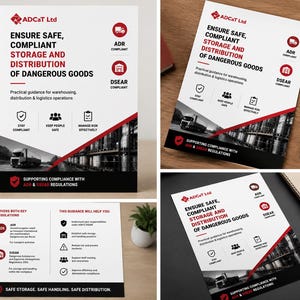 Può includere: Un volantino informativo bianco per ADCaT Ltd intitolato Ensure Safe, Compliant Storage and Distribution of Dangerous Goods. Presenta accenti rossi e neri, icone per la conformità ADR e DSEAR e testo relativo alle operazioni logistiche.