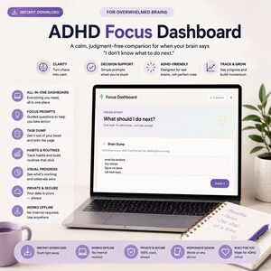 Peut inclure: Un tableau de bord numérique ADHD Focus affiché sur un écran d'ordinateur portable, présentant une section Brain Dump avec des listes de tâches. L'interface inclut des invites textuelles comme What should I do next et liste des fonctionnalités.