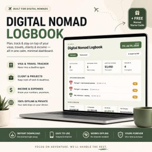 May include: A laptop displaying a Digital Nomad Logbook dashboard with sections for visa tracking, client projects, and income. The screen shows dates, financial figures, and project statuses. Text includes 'Built for Digital Nomads' and 'Focus on adventure.'