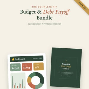 Peut inclure: Un ensemble de budget et de remboursement de dettes comprenant une feuille de calcul de tableau de bord avec des données de revenus, de dépenses et d'épargne pour janvier 2026, et une couverture de planificateur vert foncé avec texte doré.
