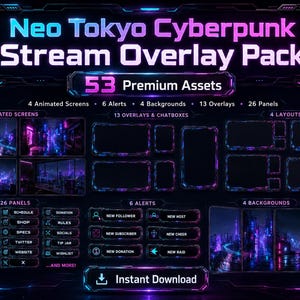 Peut inclure: Un pack de superpositions de flux Neo Tokyo Cyberpunk comprenant 53 éléments premium, dont 4 écrans animés, 6 alertes, 4 arrière-plans, 13 superpositions et 26 panneaux. Le design utilise une palette sombre avec des accents néon bleu et violet.