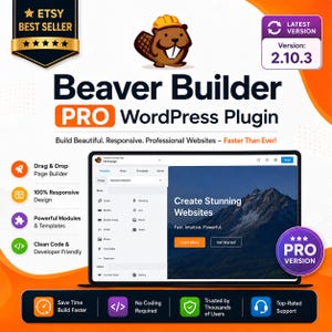 Op de afbeelding: Een digitale afbeelding voor de Beaver Builder PRO WordPress-plugin versie 2.10.3 met een cartoonbever die een gele helm draagt. Het scherm toont een website-editor-interface met modules, responsief ontwerp en code-functies.
