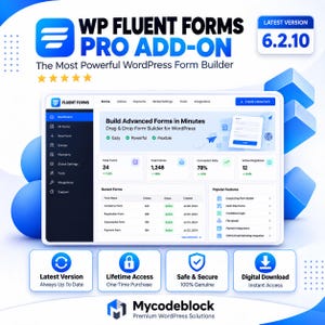 May include: A digital product graphic for WP Fluent Forms Pro Add-on version 6.2.10, featuring a dashboard interface with form building tools, analytics, and feature lists. The design uses blue and white tones with icons for version, access, security, and download.