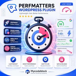 May include: A digital graphic for the Perfmatters WordPress plugin featuring a central stopwatch icon, five yellow stars, and text boxes detailing features like lightweight design, page speed scores, load times, and core web vitals optimization.