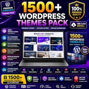 May include: A digital product advertisement for a 1500+ WordPress themes pack featuring a laptop displaying website templates, a software box, and various icons highlighting features like one-click install, lifetime access, and SEO compatibility.