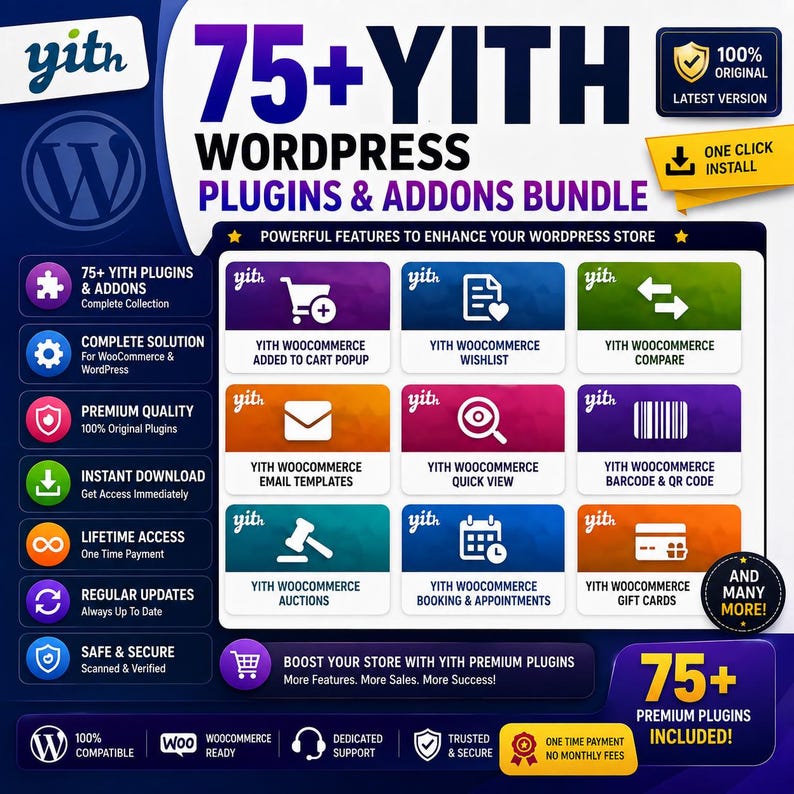K&ouml;nnte beinhalten: Eine digitale Grafik f&uuml;r ein Paket mit &uuml;ber 75 YITH WordPress-Plugins und Add-ons. Das Bild zeigt ein Raster mit Symbolen f&uuml;r Funktionen wie Warenkorb-Popups, Wunschlisten, Vergleichstools, E-Mail-Vorlagen, Schnellansicht und Buchungssysteme.