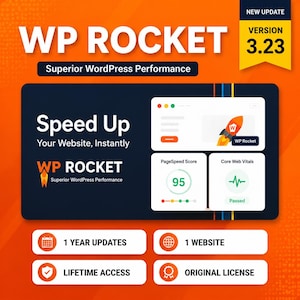 May include: A digital graphic for WP Rocket version 3.23, featuring an orange background with white text reading Speed Up Your Website, Instantly. It displays a dashboard with a PageSpeed Score of 95 and Core Web Vitals passed, plus icons for 1 year updates, 1 website, lifetime access, and original license.