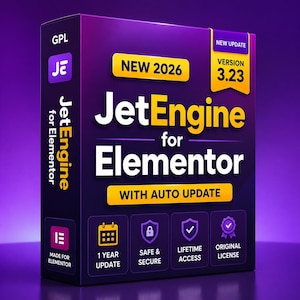 May include: A purple rectangular software box for JetEngine for Elementor. The front features text including NEW 2026, VERSION 3.23, and WITH AUTO UPDATE. Icons at the bottom represent 1 YEAR UPDATE, SAFE & SECURE, LIFETIME ACCESS, and ORIGINAL LICENSE.