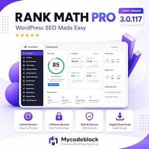 May include: A digital graphic for Rank Math Pro 3.0.117, featuring a WordPress SEO dashboard interface with an 85 SEO score, analytics, and 404 monitor. Below are four white boxes labelled Latest Version, Lifetime Access, Safe & Secure, and Digital Download.