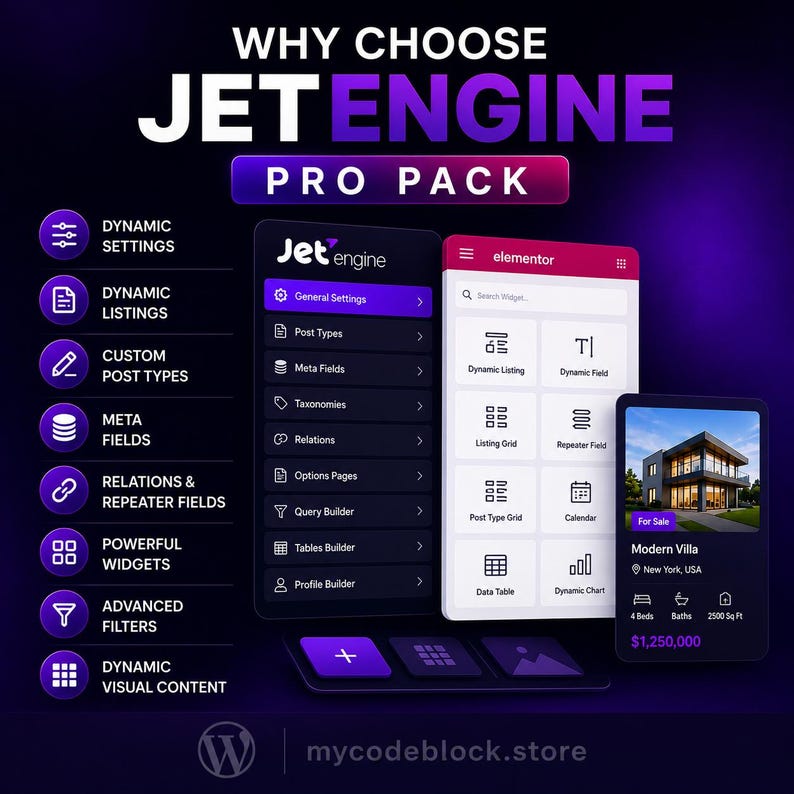 Op de afbeelding: Een digitale afbeelding voor het JetEngine Pro Pack met een donkerpaarse achtergrond en witte tekst. Het toont een lijst met functies, waaronder dynamische instellingen, lijsten, berichttypen, metavelden en diverse widgets.